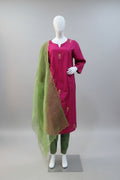 Elegant Magenta Cotton Silk Suit Set with Scalloped Green Dupatta
