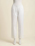 Classic White Cotton Handloom Pants with Delicate Hem Detailing