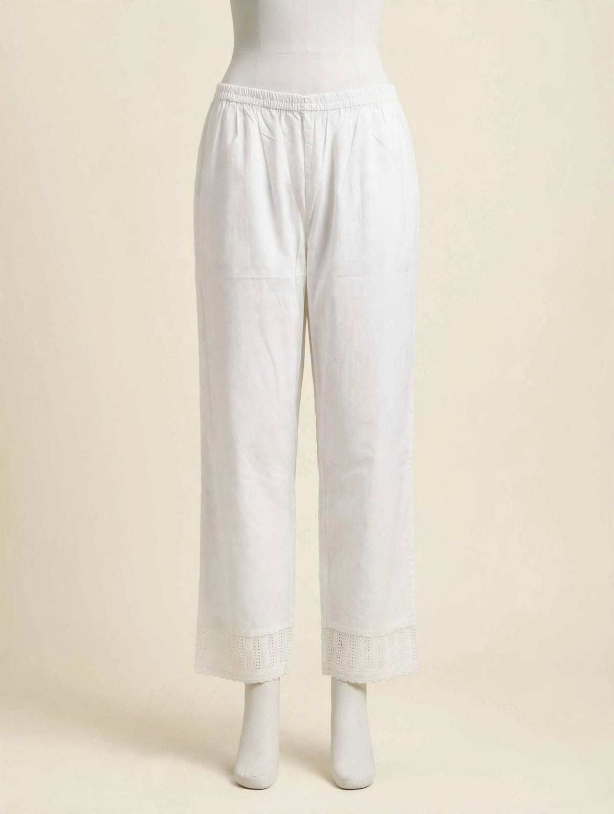 Classic White Cotton Handloom Pants with Delicate Hem Detailing
