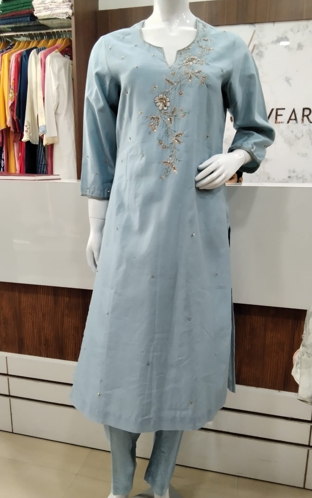 Graceful Powder Blue Cotton Silk Suit Set