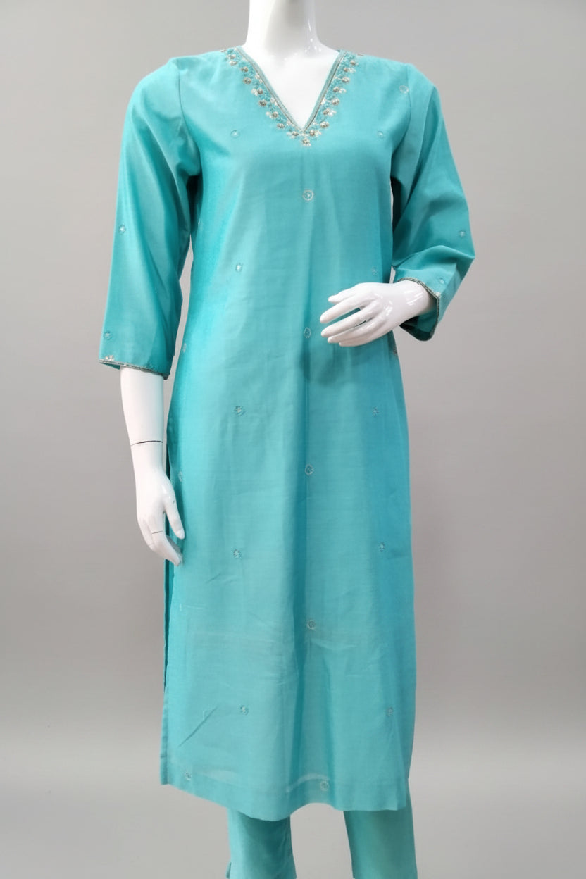 Serene Aqua Cotton Silk Suit Set
