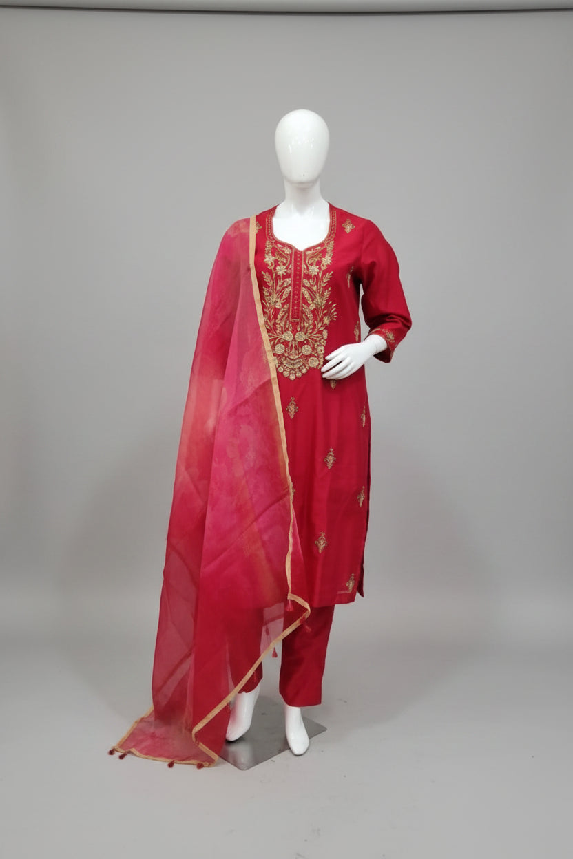 Regal Crimson Cotton Silk Suit Set with Printed Organza Dupatta
