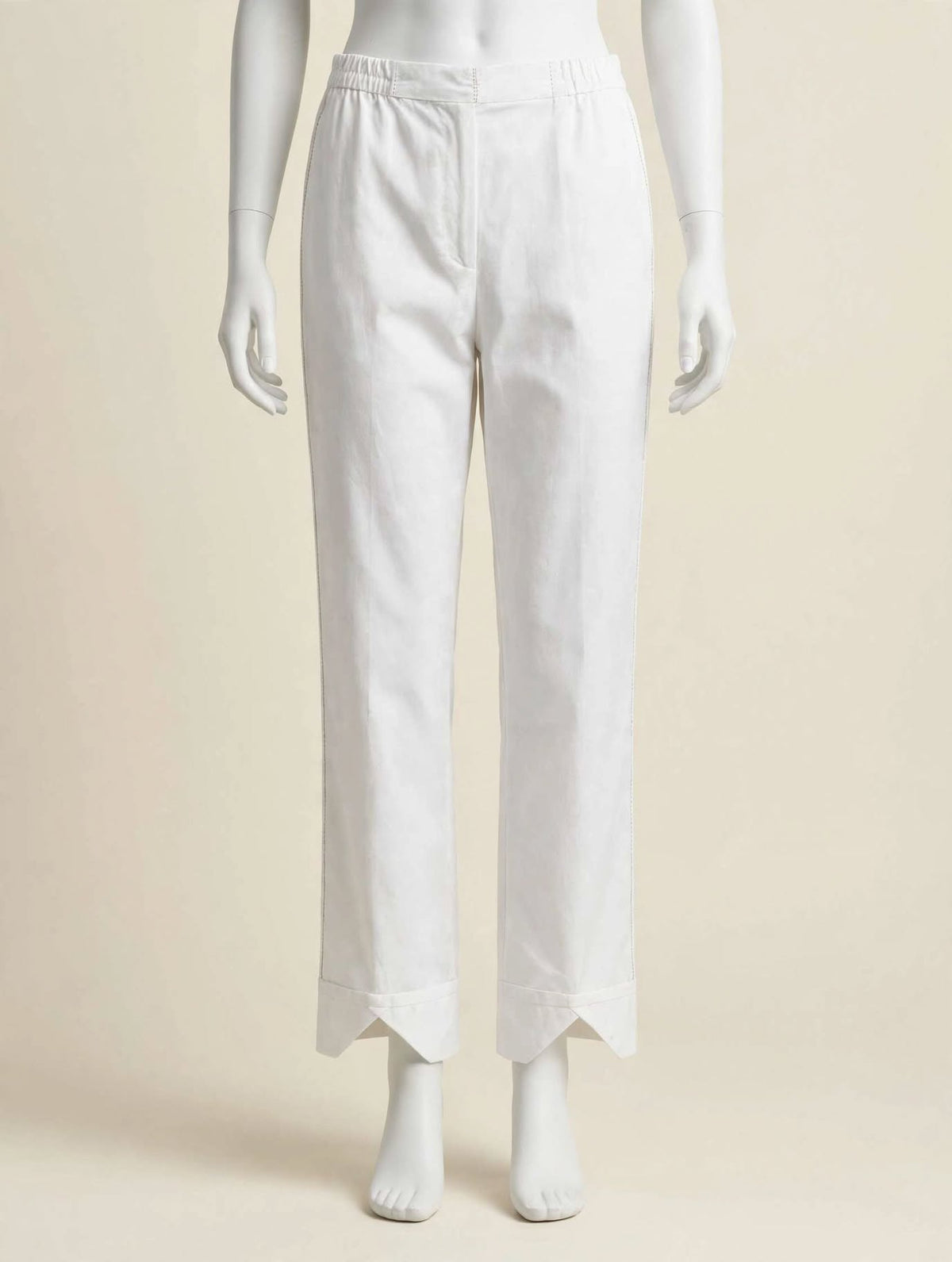 Tailored White Cotton Pants with Unique V-Notch Cuffs