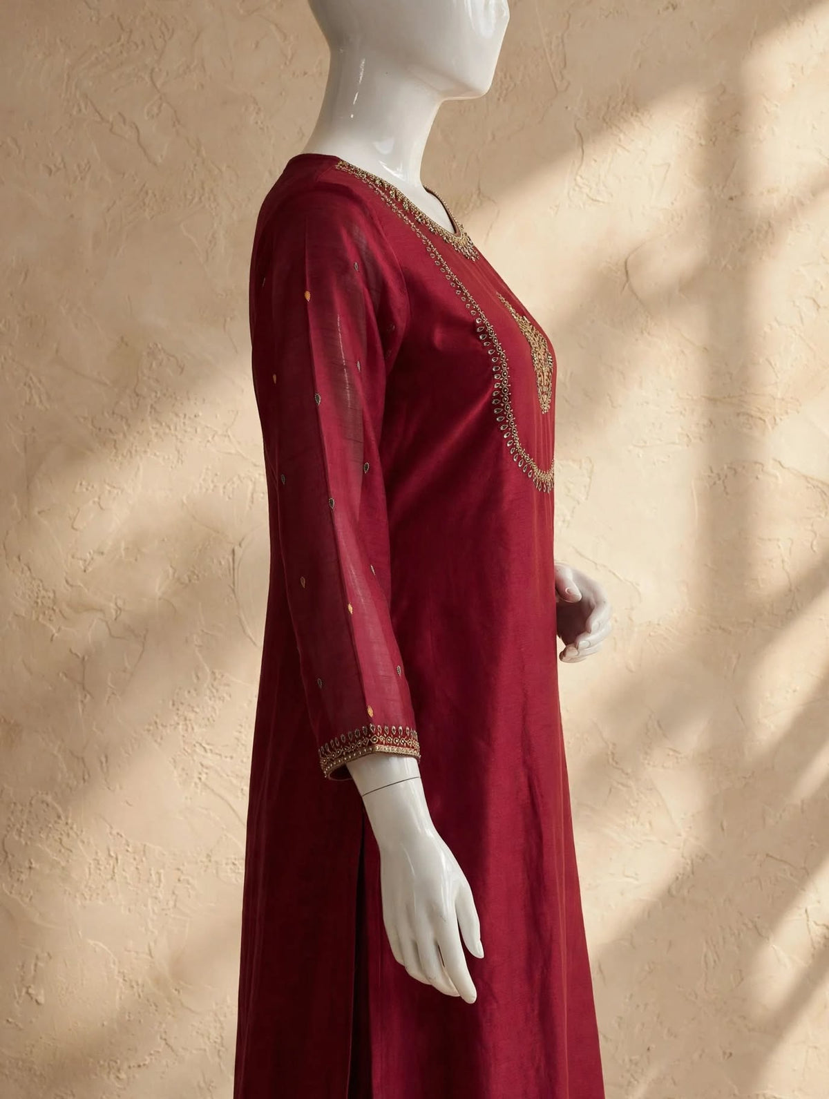 Crimson Silk Hand-Embroidered Kurta Set