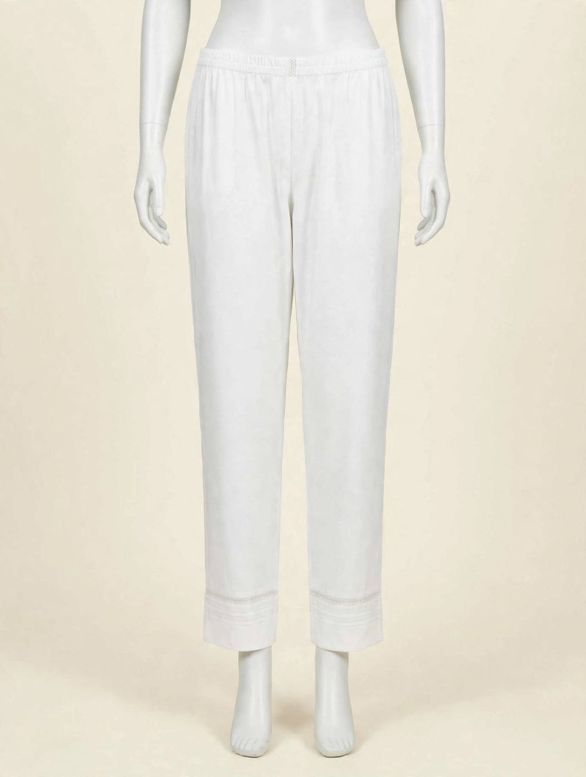 Classic White Cotton Straight Pants with Subtle Hem Detailing