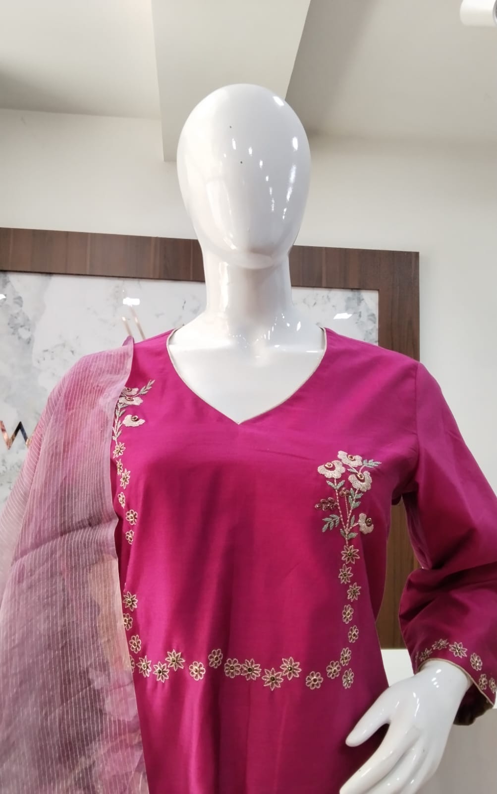 Vibrant Magenta Cotton Silk Suit Set with Organza Zari Striped Printed Dupatta