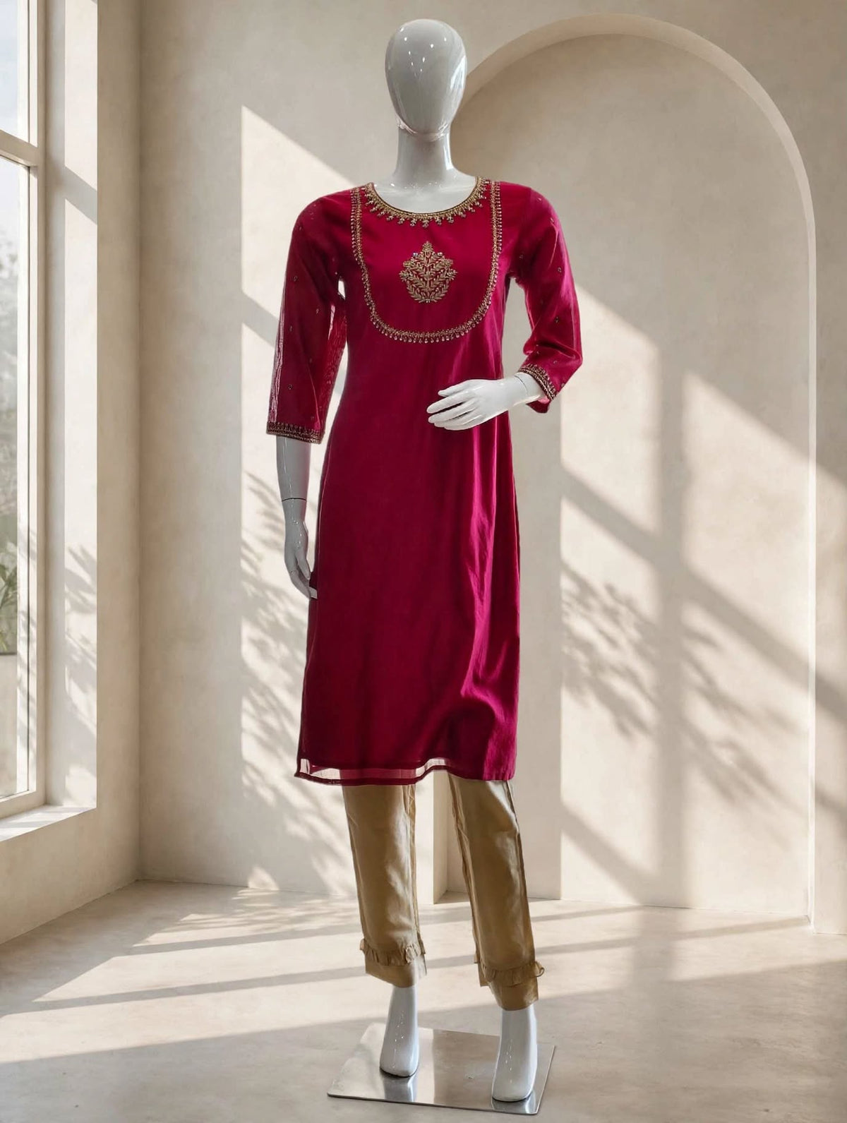 Crimson Silk Hand-Embroidered Kurta Set