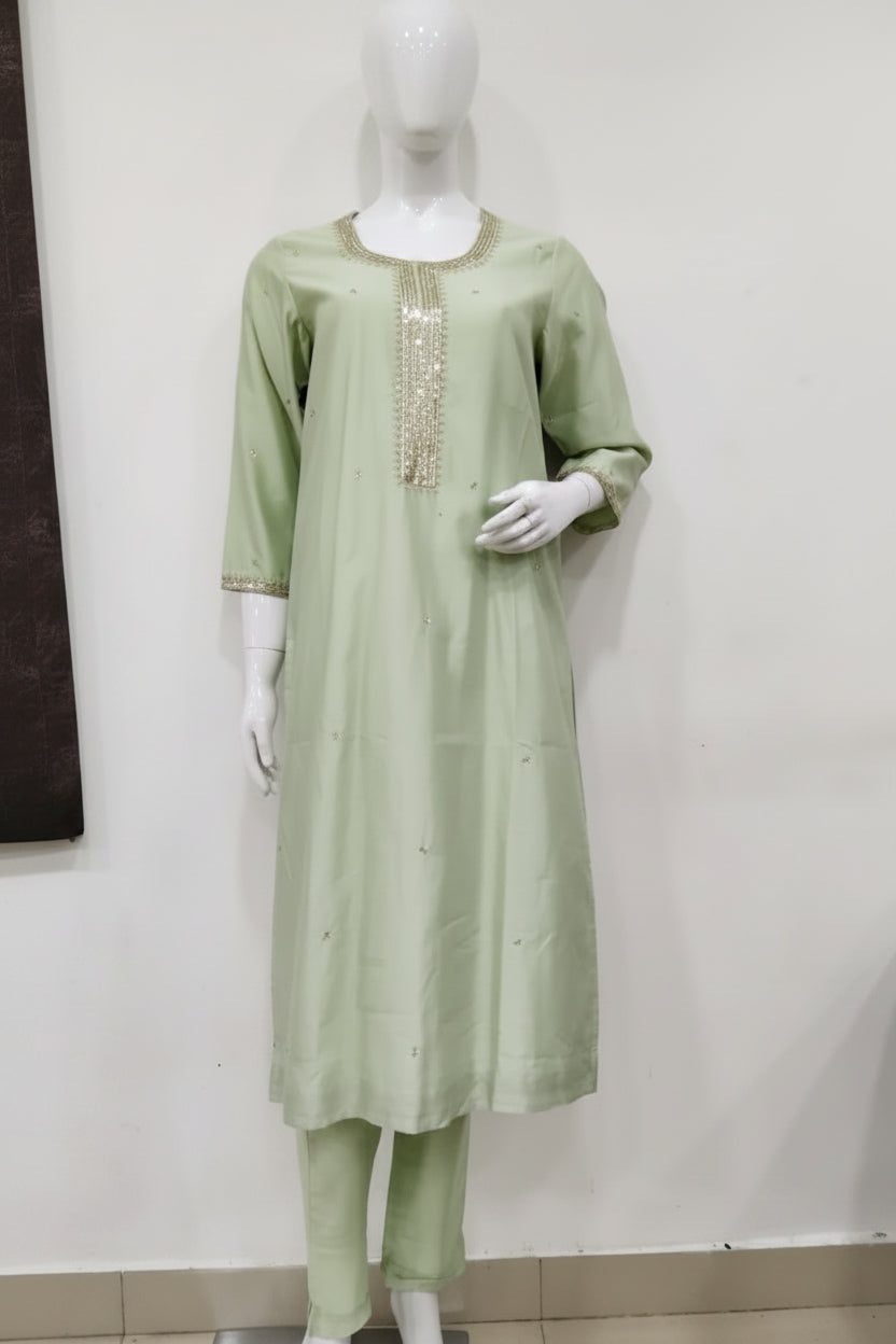 Graceful Pastel Green Cotton Silk Suit Set